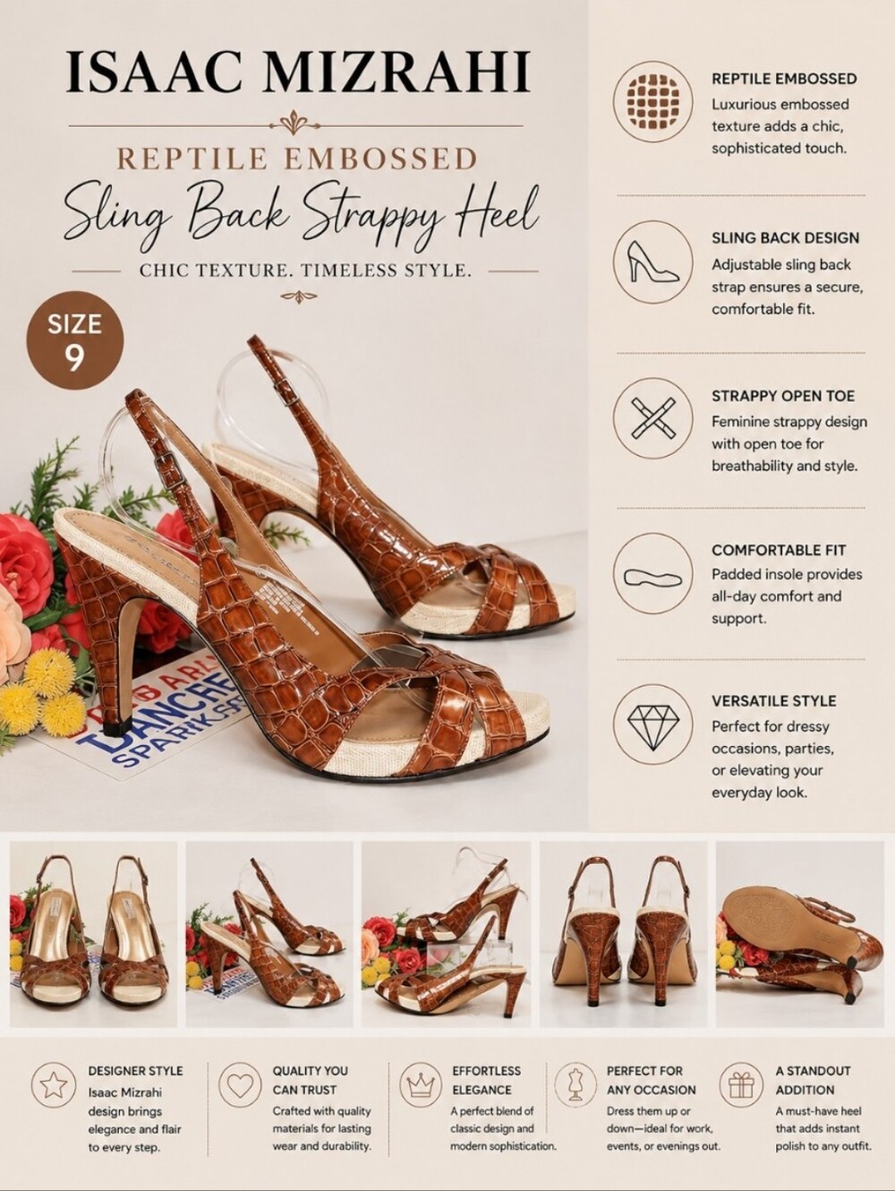 ISAAC MIZRAHI Reptile Embossed Sling Back Open Toe Strappy Heel 9